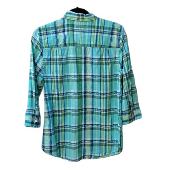 LANDS END BOYFRIEND GREEN MADRAS 3/4 SLEEVE BUTTON UP TOP SHIRT SIZE 4 - Picture 2 of 8